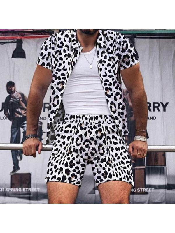 Men's Casual Leopard Print Beach Short Sleeve Set