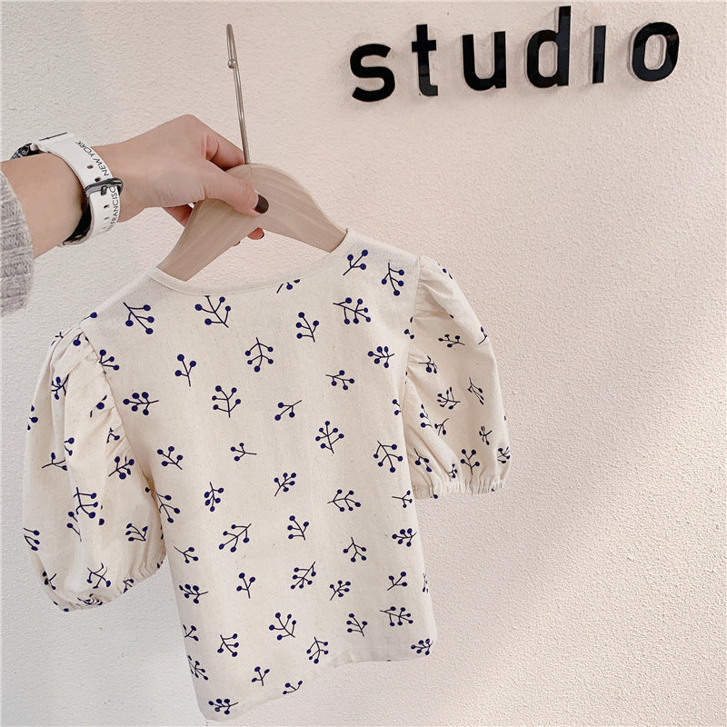 Girls' Korean Style Puff Sleeve Cotton Blend Shirt