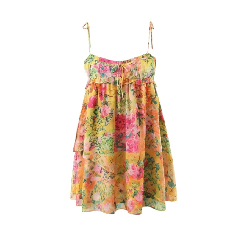Strap Dress with Ruffle Trim and Colorful Floral Print