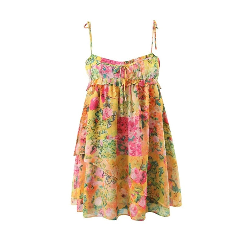 Strap Dress with Ruffle Trim and Colorful Floral Print