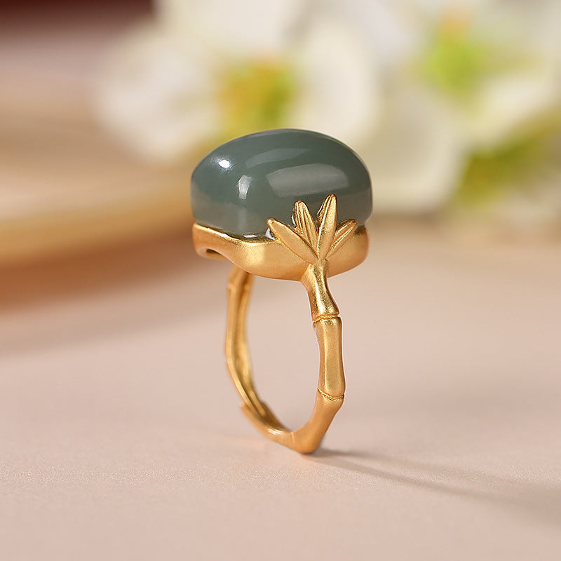 Women's Fashion Sterling Silver Gold-Plated Jade Ring