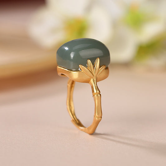 Women's Fashion Sterling Silver Gold-Plated Jade Ring