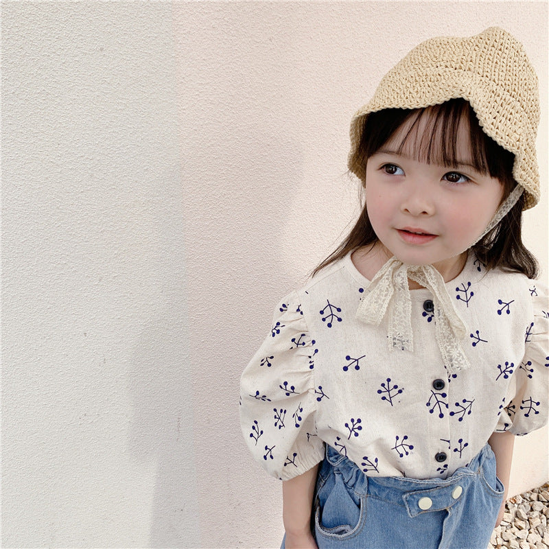 Girls' Korean Style Puff Sleeve Cotton Blend Shirt