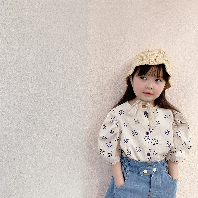 Girls' Korean Style Puff Sleeve Cotton Blend Shirt