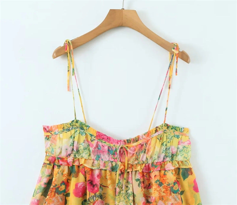 Strap Dress with Ruffle Trim and Colorful Floral Print