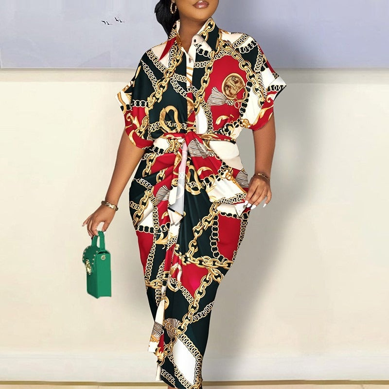 Autumn Red V-Neck Button Printed Dress for Women
