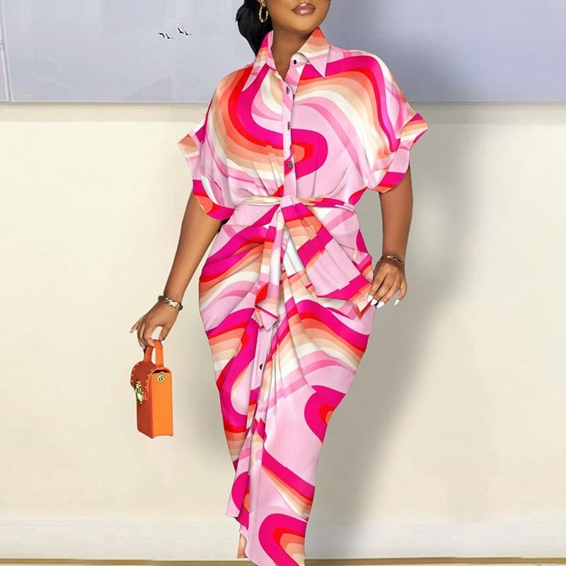 Autumn Red V-Neck Button Printed Dress for Women