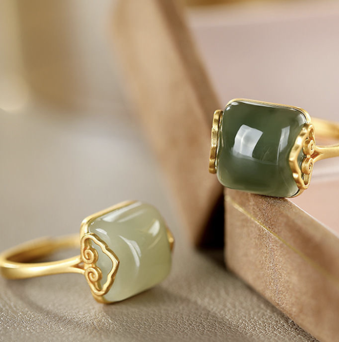 Women's Fashion Sterling Silver Gold-Plated Jade Ring