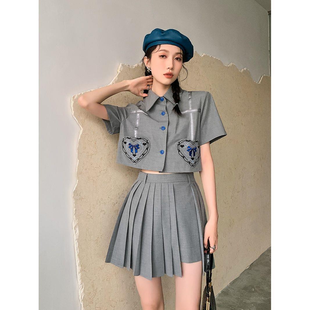 Soft Girl Short-Sleeved Lapel Top & High-Waist Skirt