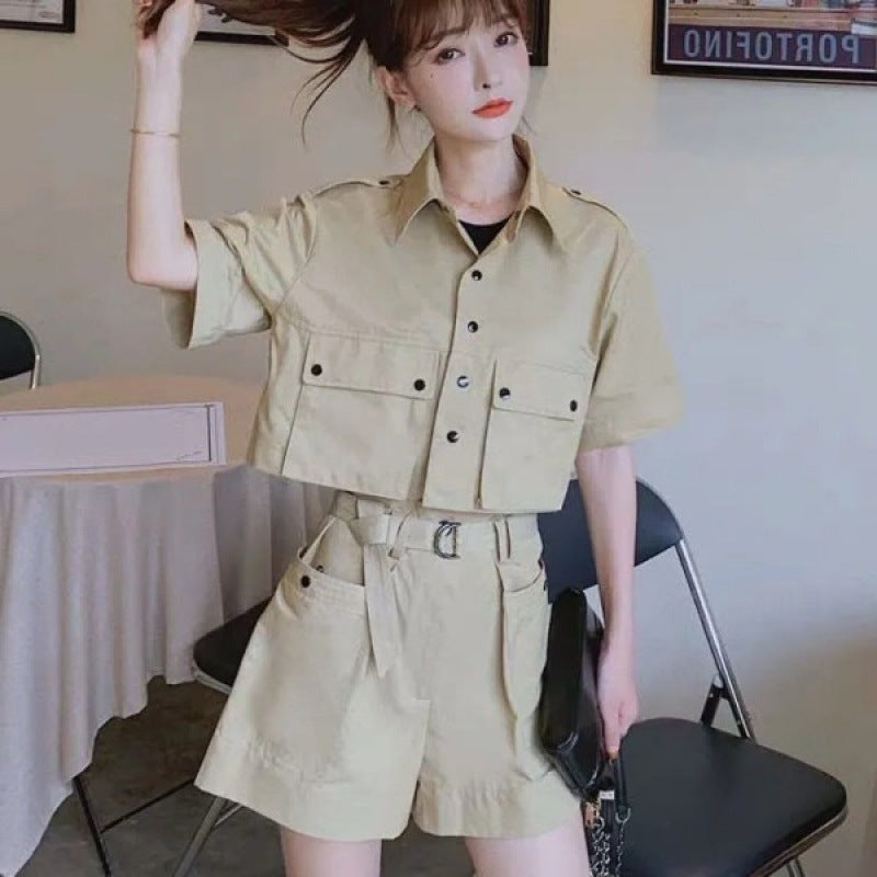 Soft Girl Short-Sleeved Lapel Top & High-Waist Skirt