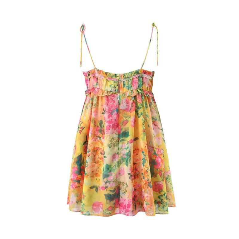 Strap Dress with Ruffle Trim and Colorful Floral Print