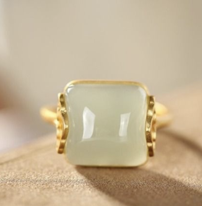 Women's Fashion Sterling Silver Gold-Plated Jade Ring