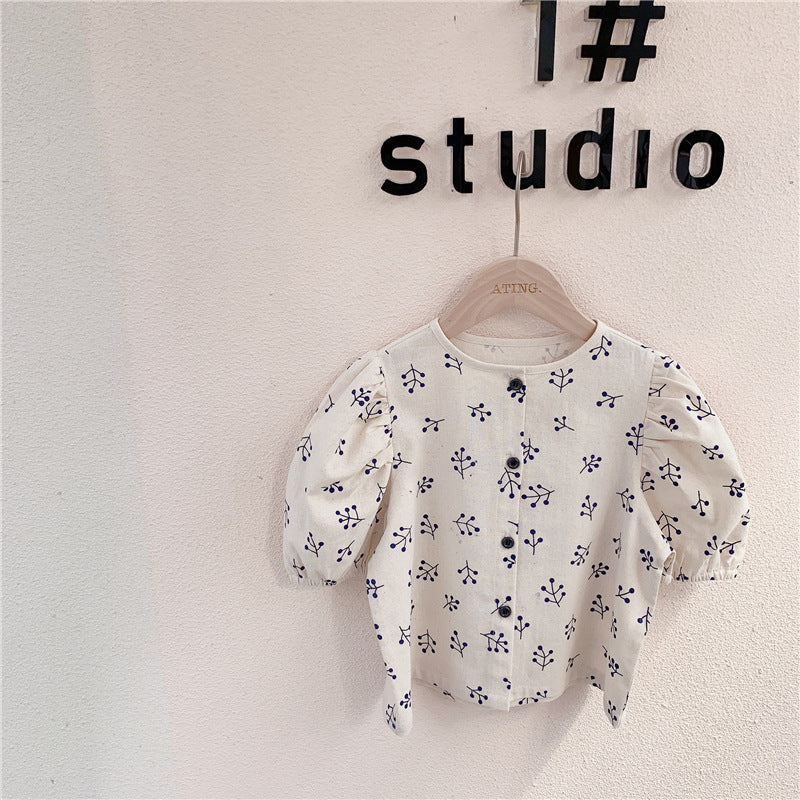 Girls' Korean Style Puff Sleeve Cotton Blend Shirt