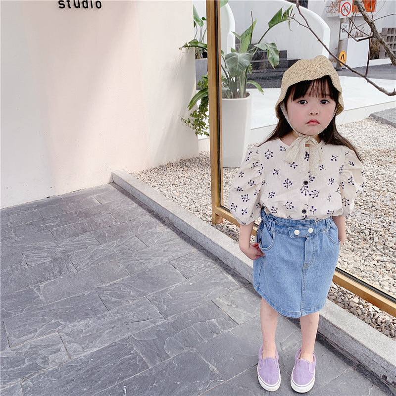 Girls' Korean Style Puff Sleeve Cotton Blend Shirt