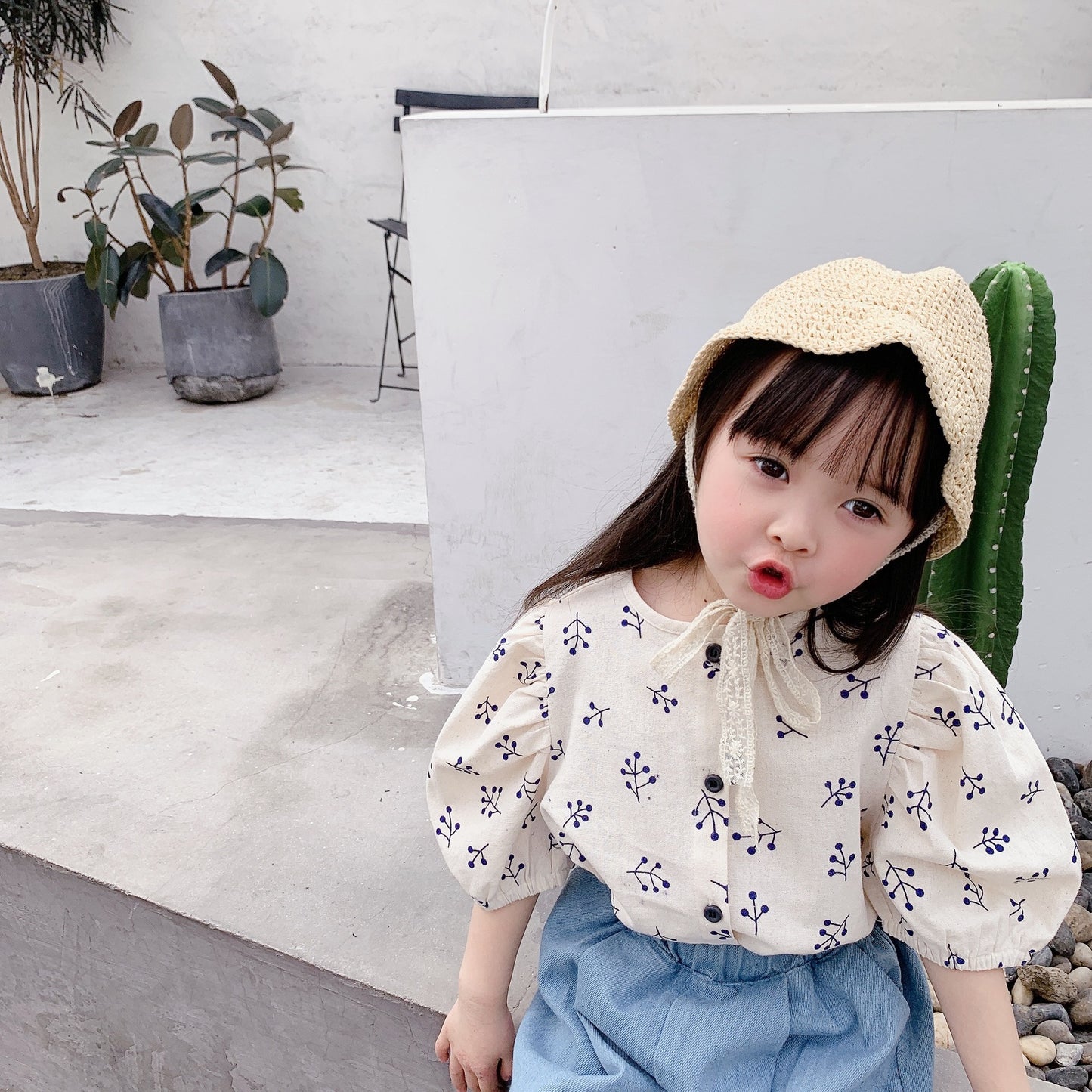 Girls' Korean Style Puff Sleeve Cotton Blend Shirt