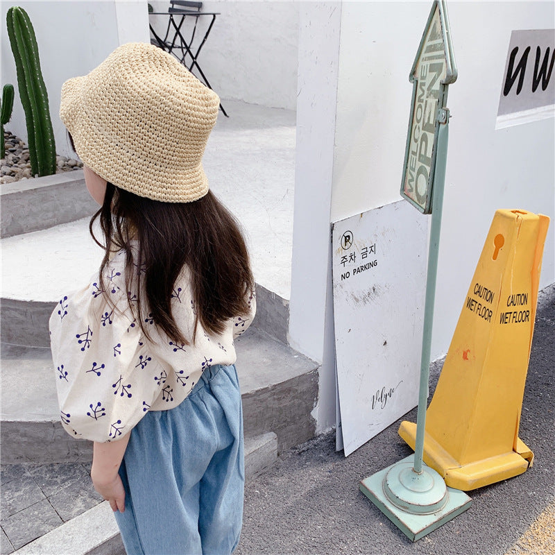 Girls' Korean Style Puff Sleeve Cotton Blend Shirt