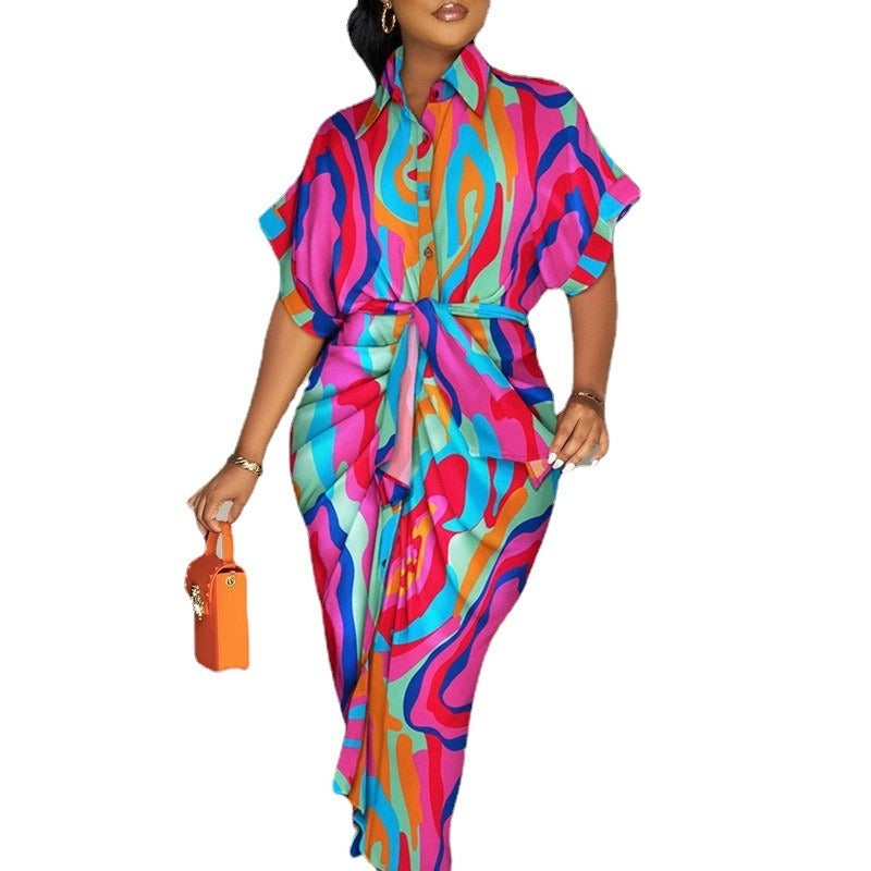 Autumn Red V-Neck Button Printed Dress for Women