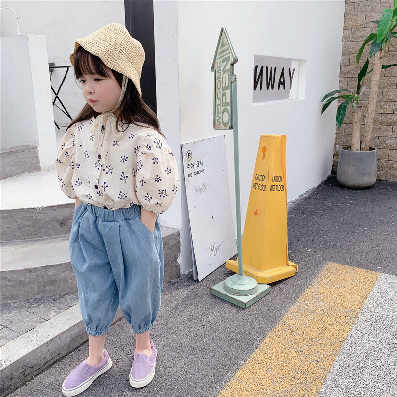 Girls' Korean Style Puff Sleeve Cotton Blend Shirt