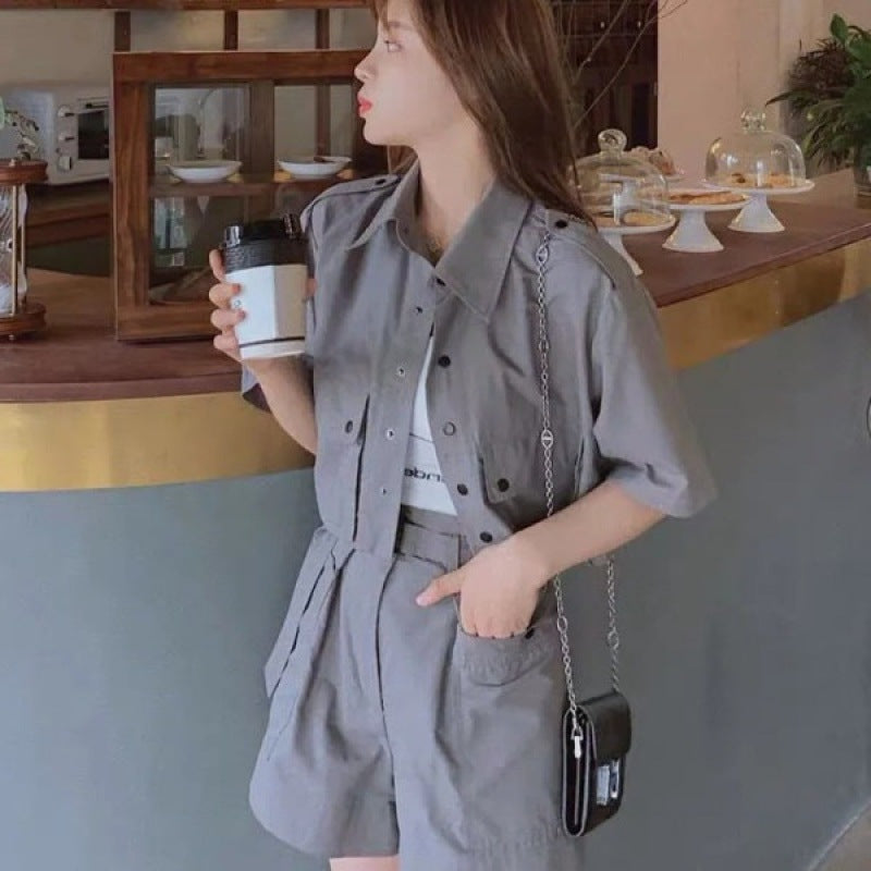Soft Girl Short-Sleeved Lapel Top & High-Waist Skirt