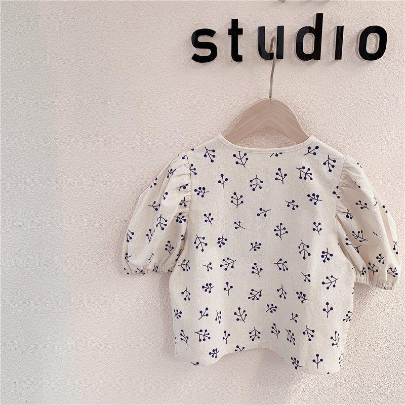 Girls' Korean Style Puff Sleeve Cotton Blend Shirt
