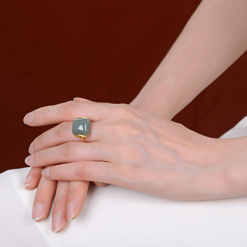 Women's Fashion Sterling Silver Gold-Plated Jade Ring